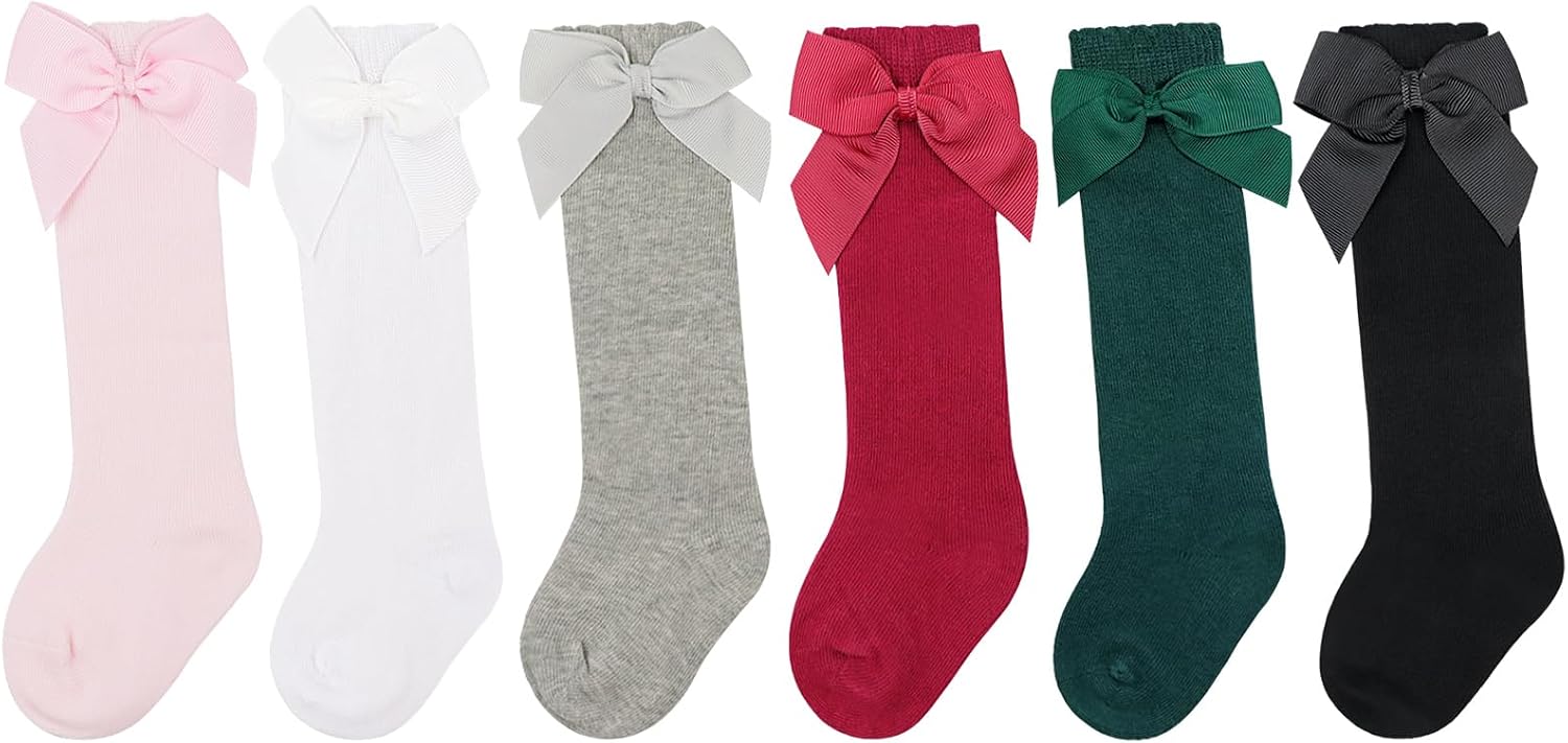 BQUBO Baby Knee High Sock Toddler Kids Girl Dress Socks Baby Knit Stocking Cotton Infant Bow Socks for 3 Months - 7 Years
