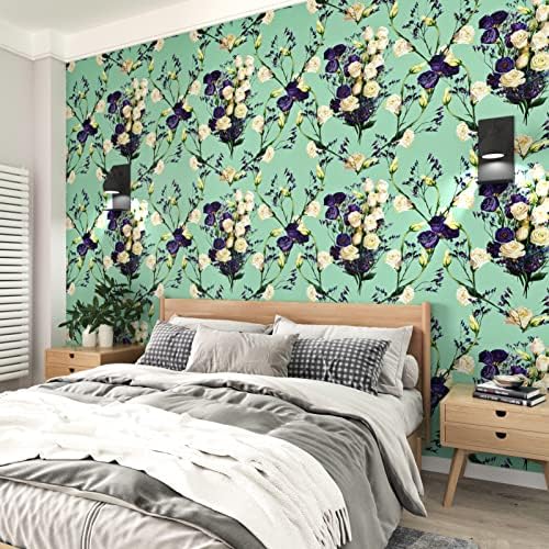 Yullpaper Teal Floral Wallpaper Self Adhesive for Bedroom Wardrobe Wall Door Decorate Sticky Back Plastic Roll White Purple Peel and Stick Floral Wallpaper Vintage Vinyl Wall Paper 44.5cm x 300cm