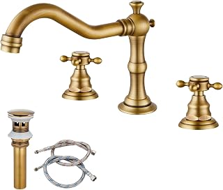 Widespread Bathroom Faucet Double Handle Mixer Tap for Bathtub Brushed Gold Antique Brass Three Hole Deck Mount Hot Cold Water Matching Pop Up Drain with Overflow