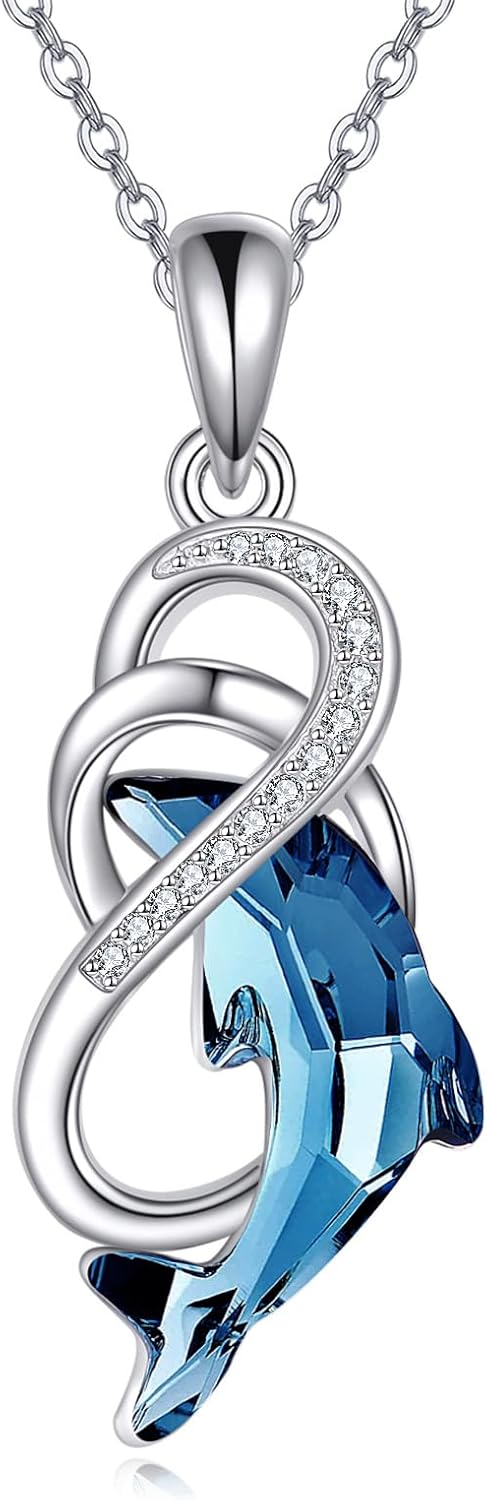 POPLYKE Butterfly/Dolphin Necklace 925 Sterling Silver Blue Crystal Necklace Crystal Jewelry for Women