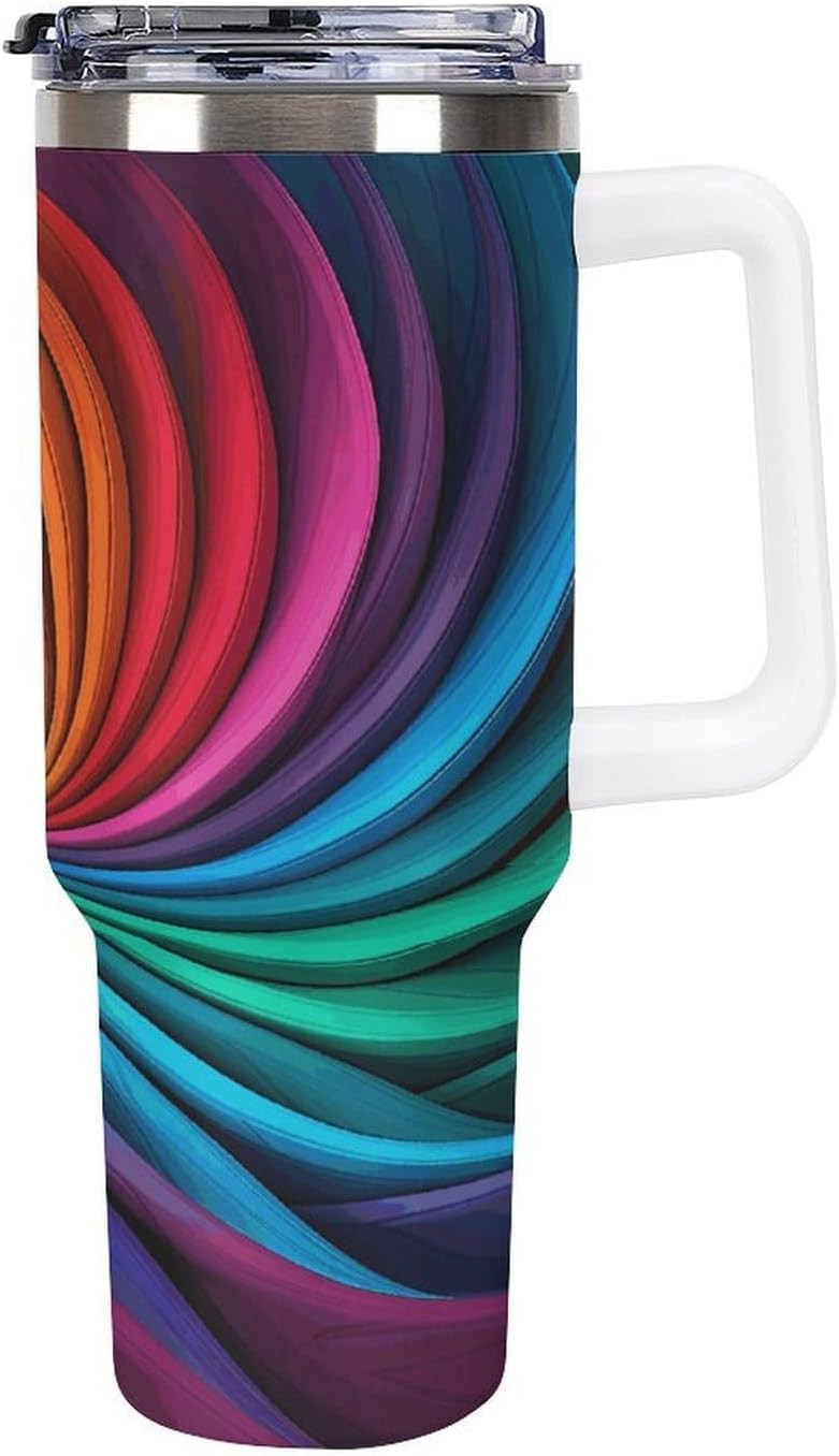 Rainbow Stripe Pattern Travel Coffee Mug Reusable Durable Stainless Steel Insulated Tumbler with Handle And Straw Leak Resistant Portable Thermal Cup Gifts for Men Women 40 Oz