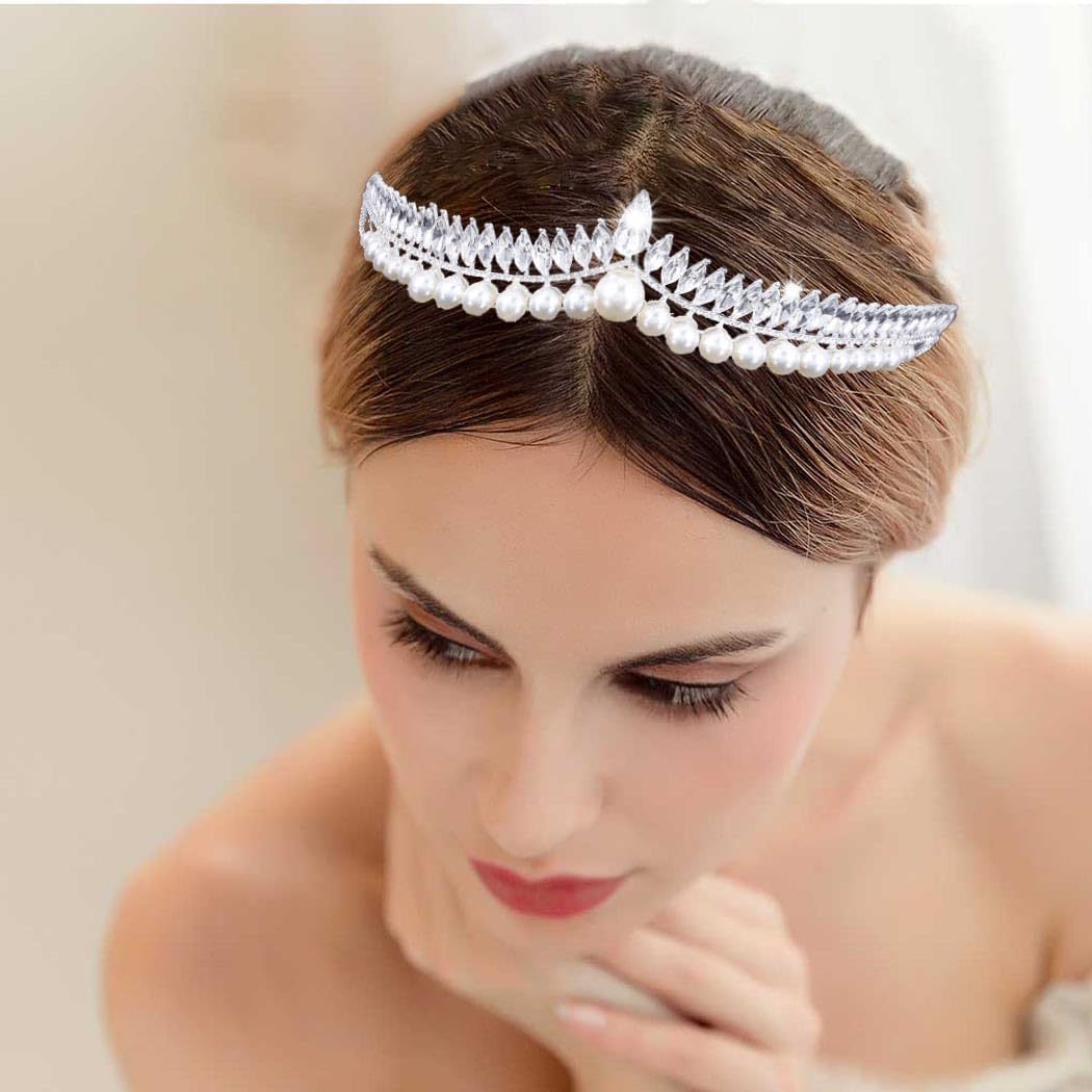 Pearl Tiaras and Crown Crystal Head Crowns Rhinestone Princess Tiaras Wedding Crown for Bride Royal Queen Crown for Women - Image 7