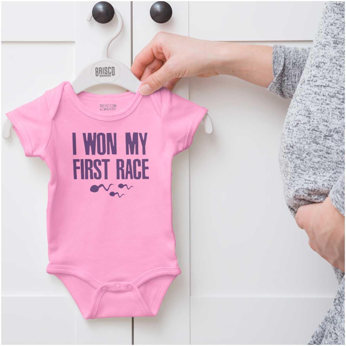 Brisco Brands Funny I Won My First Race Joke Baby Romper Boys or Girls