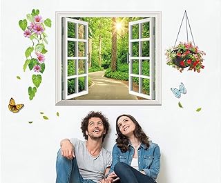 Stickers Muraux Fenêtre Sticker Mural Fenetre Trompe l'oeil Ouverte Poster Forêt d'ombre 80 x 110 cm