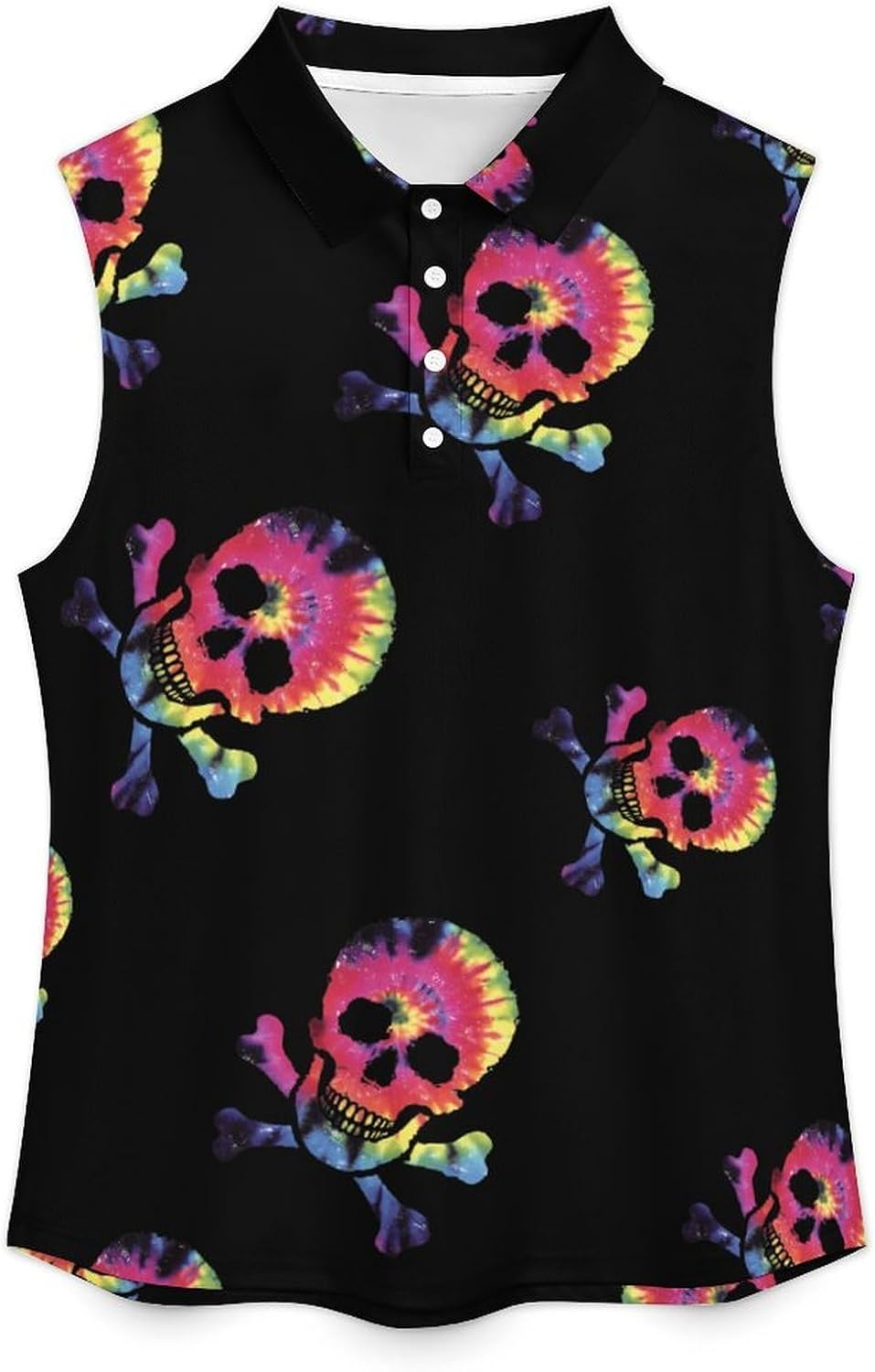 Tie Dye Skull Womens Sleeveless V Neck Golf Polo Shirts | Collared Tank Tops