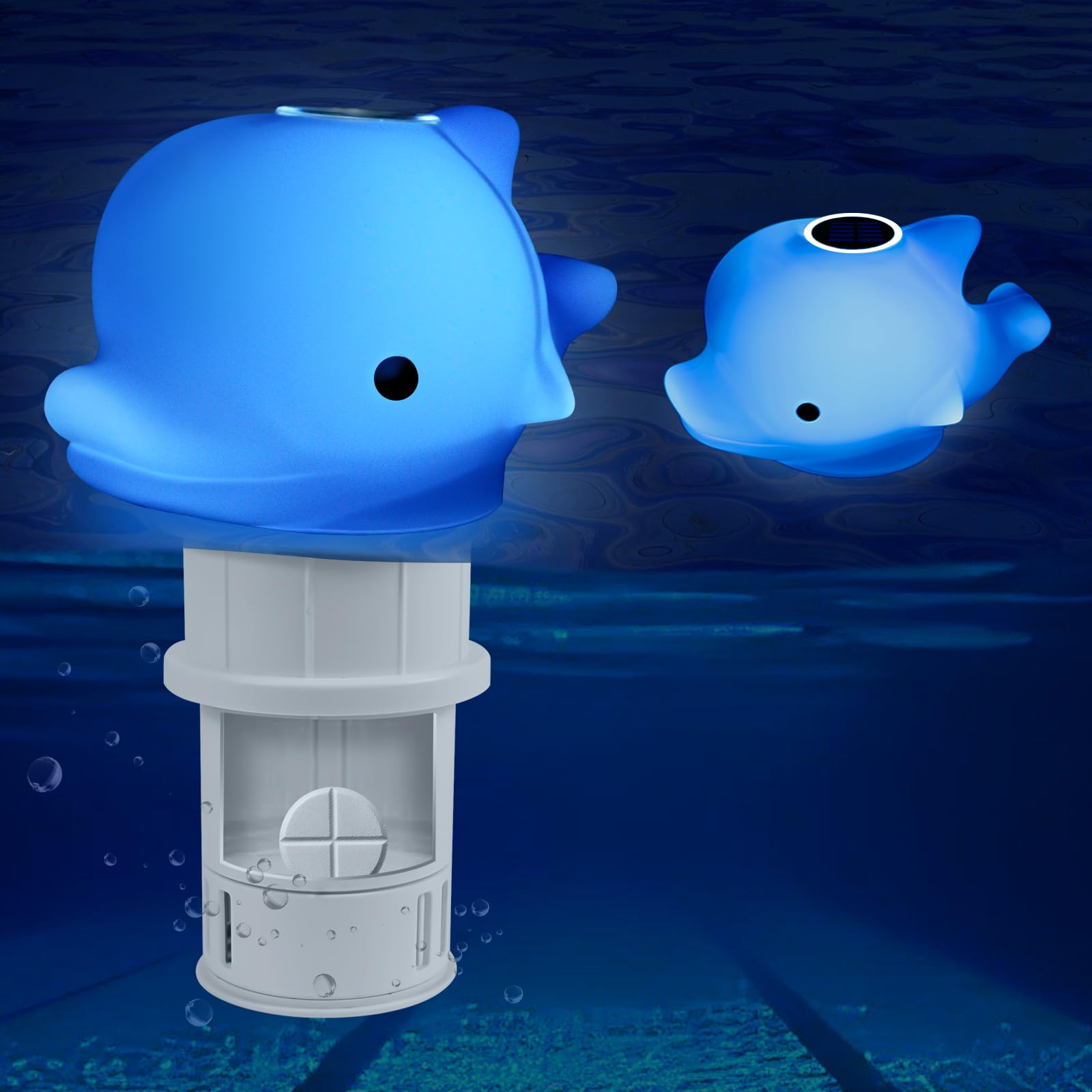 AHJ Solar Flotador Cloro Piscina, Modelo Delfín de 24 cm con luz. Este dosificador Cloro Piscina Flotante es Ideal para Pastillas de Cloro de 7,5 cm.
