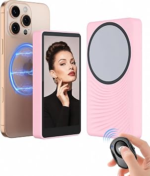Phone Vlog Selfie Monitor Screen, Magnetic Selfie front Screen for iPhone/Android with Remote Control, Wireless Connection Rear Camera for Selfie Vlog Live Stream, Pink