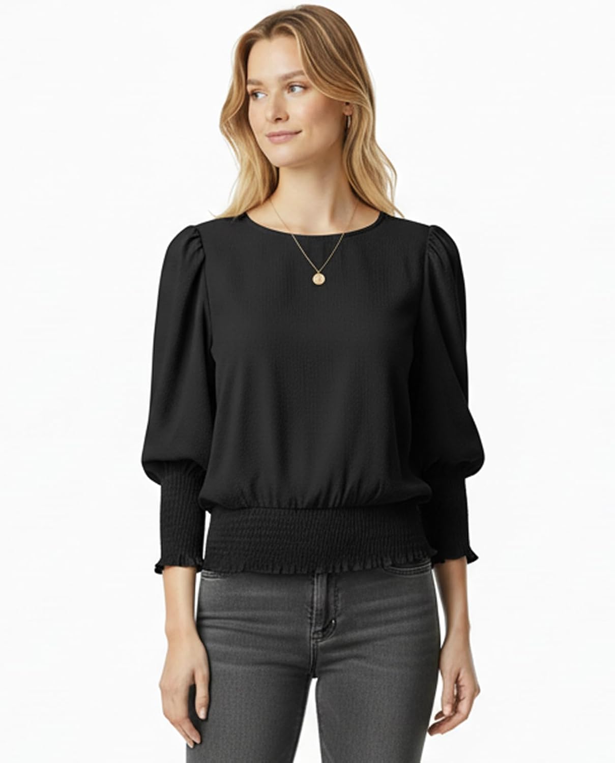 Women Cinched Waist Tops Banded Bottom Puff Sleeve Smocked Top Chiffon Blouse Dressy Casual Outfits - Image 2