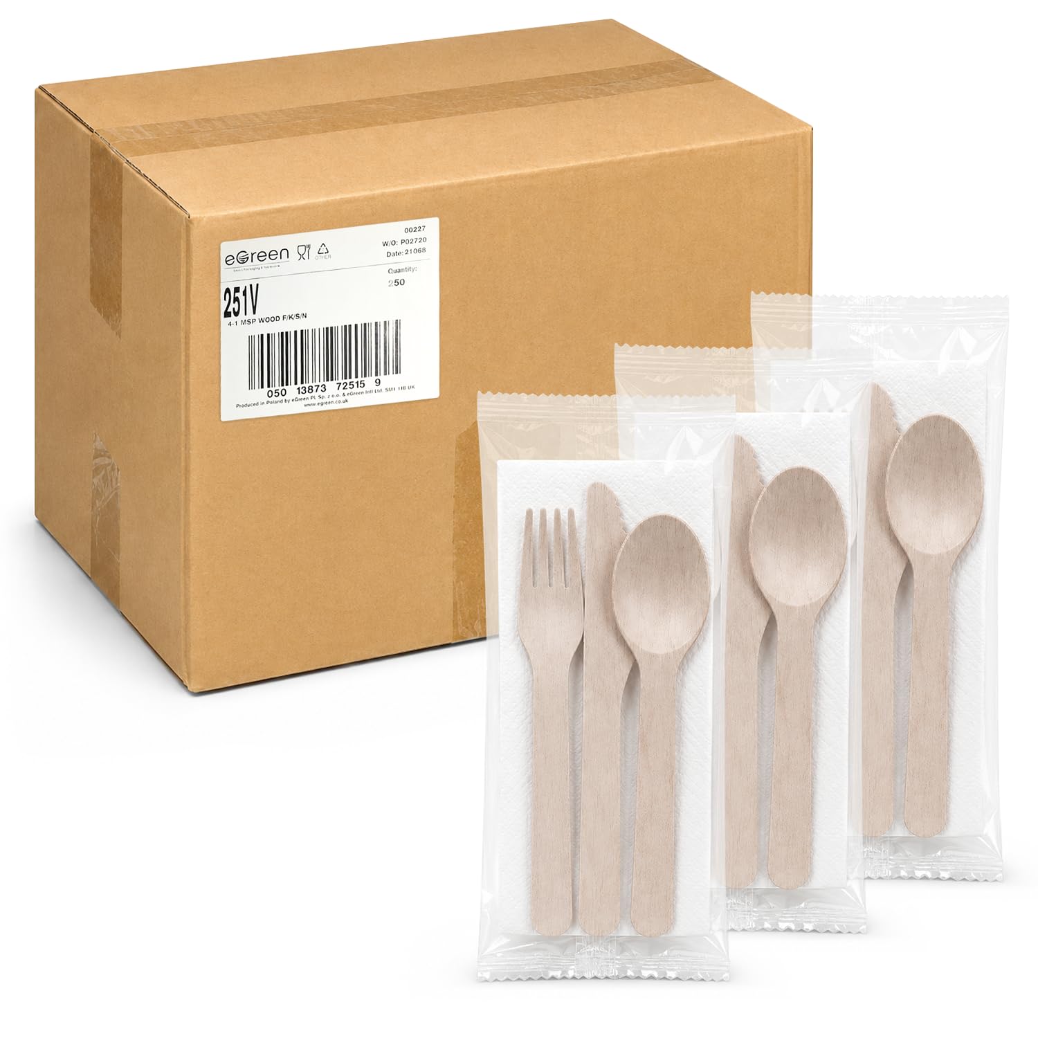 RAP Gloves 250 Individually Wrapped Wooden Cutlery Sets, 4-in-1 Fork, Knife, Spoon & Napkin, Natural Birchwood Compostable Disposable Meal Kit for Takeaway, Catering & Events