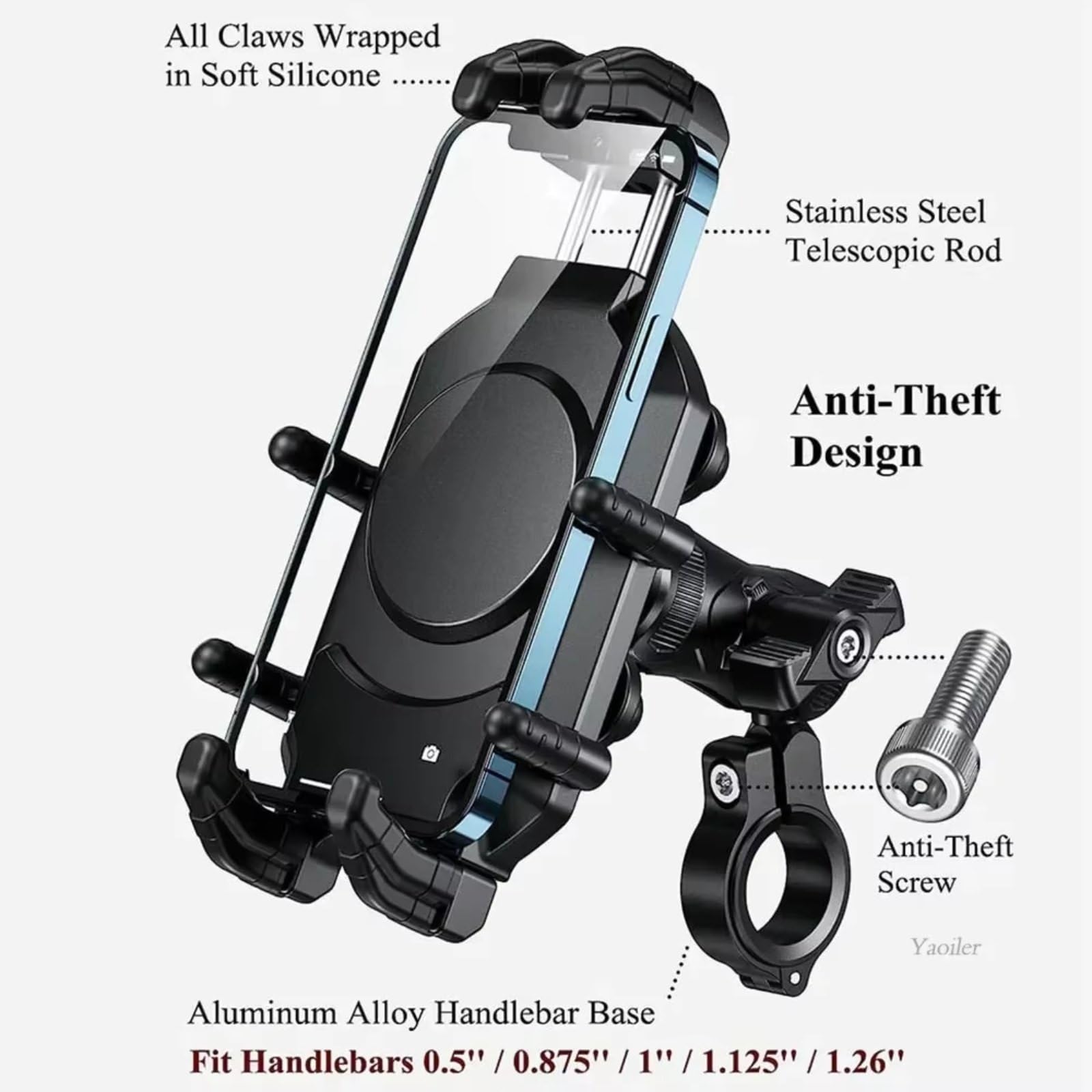 Moto Support Téléphone Support Téléphone pour Moto avec Amortisseur Vibrations Antivol pour Guidon Vélo 54 À 72 Pouces(D)