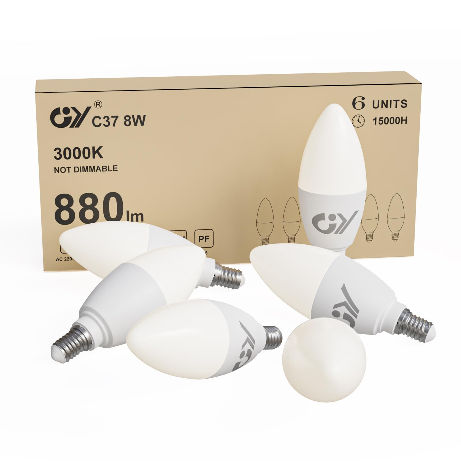 GY GY E14 LED Bulb Small Edison Screw SES Candle Energy Saving Bulb, 3000K Warm White 8W 880 Lumens,Equivalent to 80W, 280° Beam Angle Non-Dimmable, Pack of 6