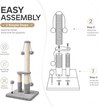 Dimaka Tall Cat Scratching Post, Double Lower Posts Extra Stable Cat Post Tree Scratcher with Sisal Rope and Teasing 4 Balls Total Large Base (Grey)
