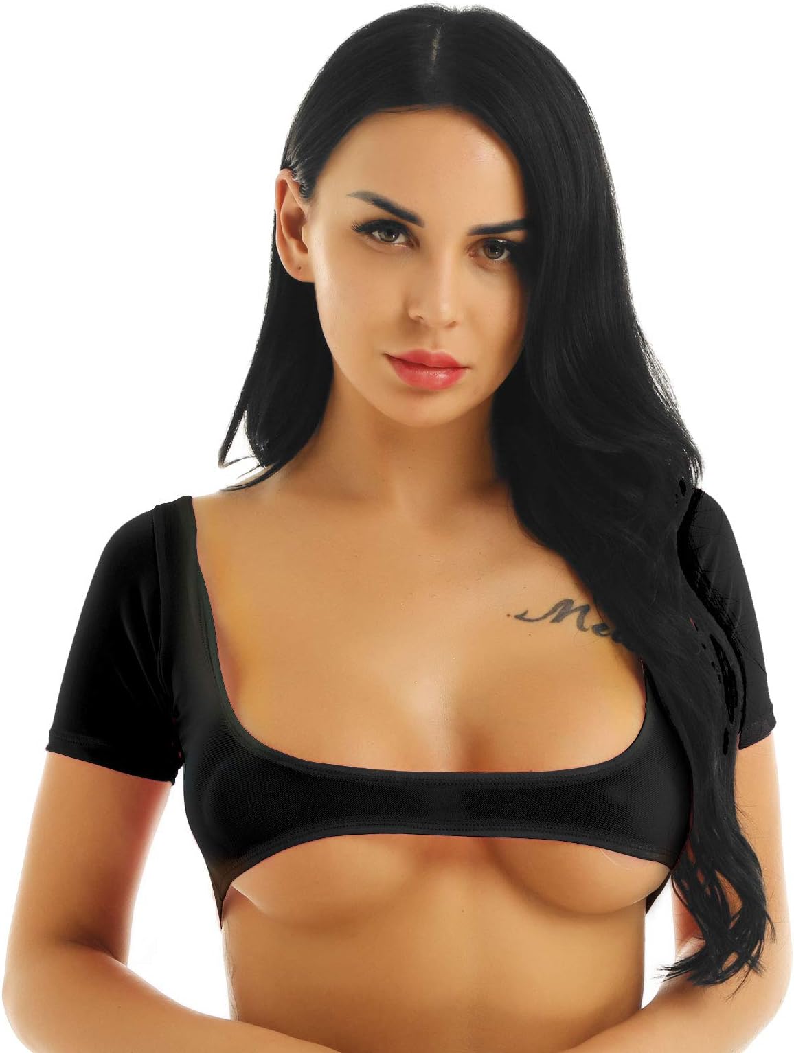 Womens Mesh Sheer See Through Open Bust Belly Dance Crop Top Shirts