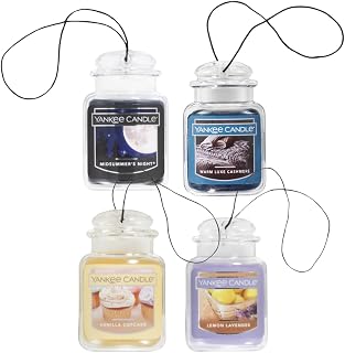 Car Air Fresheners Timeless Elegance Variety Pack, Hanging Car Jar Ultimate, 1 Warm Luxe Cashmere, 1 Lemon Lavender, 1 MidSummer's Night, and 1 Vanilla Cupcake, 0.96 OZ (Pack of 4)