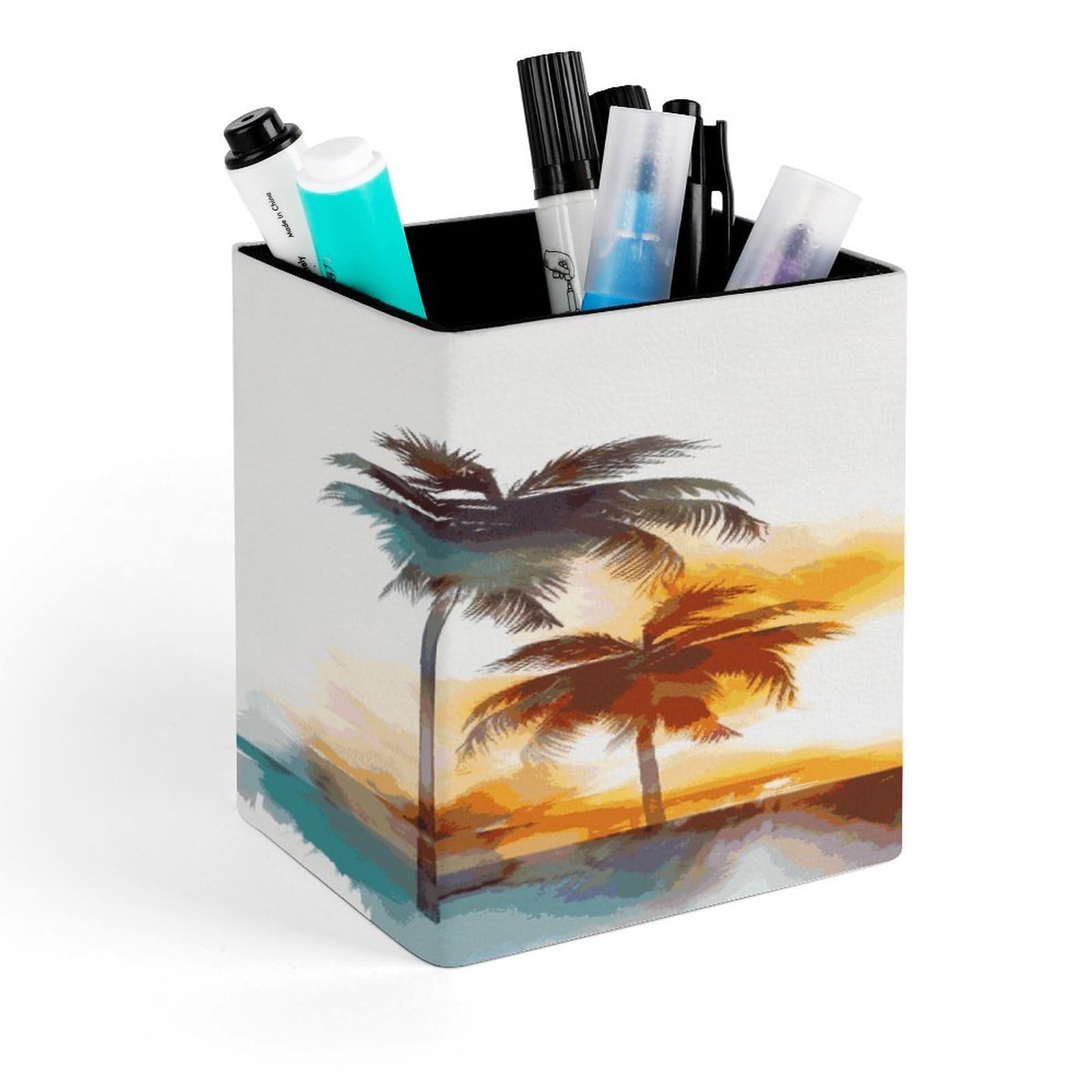 FekiLoot Palm Trees Sunset Pencil Holder for Desk Square Leather Pen Holder Cup Desktop Organizer Multi-Functional Pencil Cup Holders Modern Decorative Desk Organizer Caddy Makeup Brush Holders
