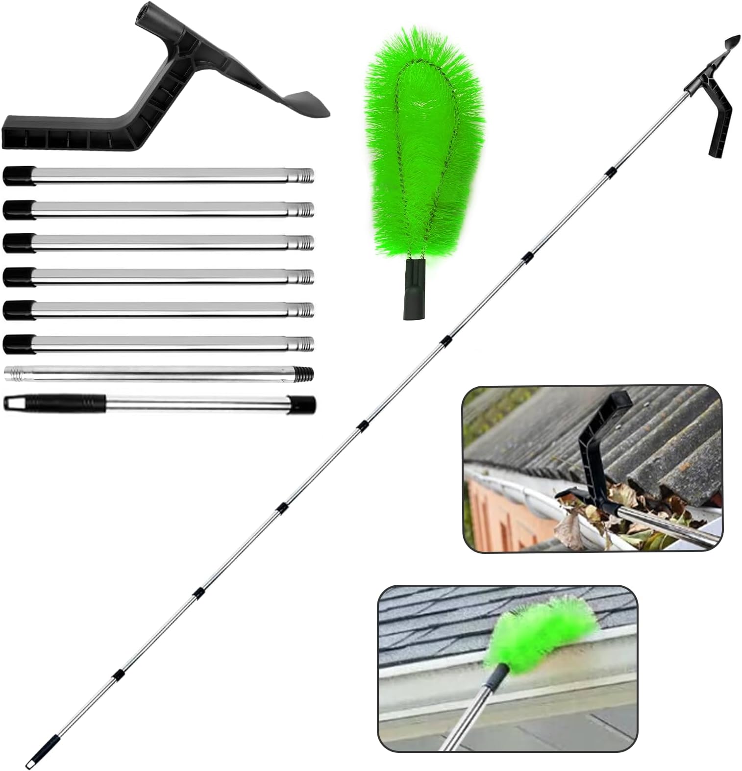 2-in-1 Gutter Cleaning Tools with Gutter Brush & Leaf Shovel, 320cm Telescopic Gutter Cleaner with 8-Section Pole, Gutter Cleaner Suitable for Bungalow, 2 Layer Terraced House