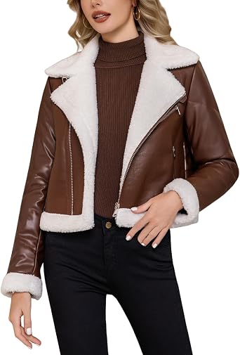 DIASHINY Women Fur Leather Jacket Faux Fur Lined Shearing Cropped Moto Biker Coat