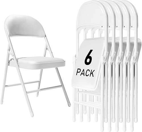 Paquete de 6 sillas plegables blancas con cojín acolchado y respaldo para exteriores, sillas plegables comerciales apilables portátiles con marco de