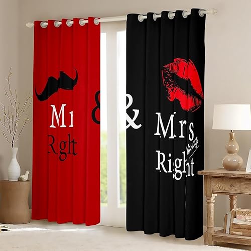Miniatura 2 de Cortinas de ventana de Mr Mrs - Cortinas creativas negras y rojas para hombre, bigote y mujer, tratamientos de ventana divertidas, cita blanca para