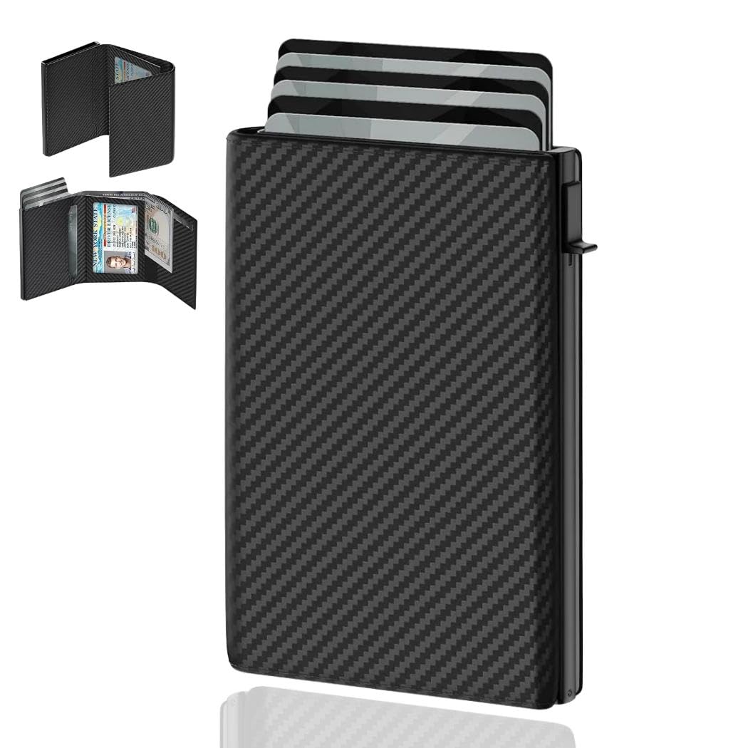 Mens Wallet Card Holder RFID Blocking Magnetic Flip Pop-Up Aluminum Case Front Pocket Microfiber 8-10 Cards ID Window-Cash