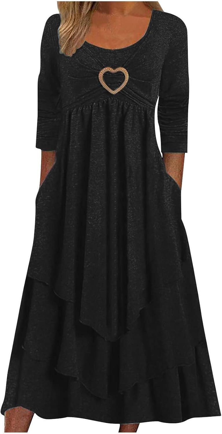 Winter Dresses for Women Wedding Guests Casual Cute Heart Long Sleeve Tiered Maxi D...
