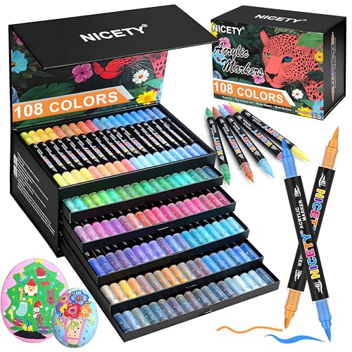 NICETY 108 Colores Rotuladores Acrílicos – Marcadores Doble Punta 1mm Fina y Punta Pincel 1–5mm para Piedra, Madera, Vidrio y Tela – Rotuladores Permanentes a Base de Agua