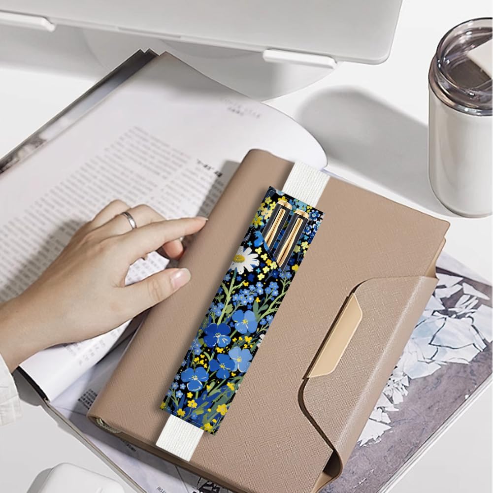 4Pcs 4 Styles Elastic Band Pen Holder 7.9 x 1.8 Inch Notebook Pencil Pouch Cute Flowers Bee Design Compatible Adjustable Band Leather Pen Case for Journal Bible Planner Diary Office Use image 3