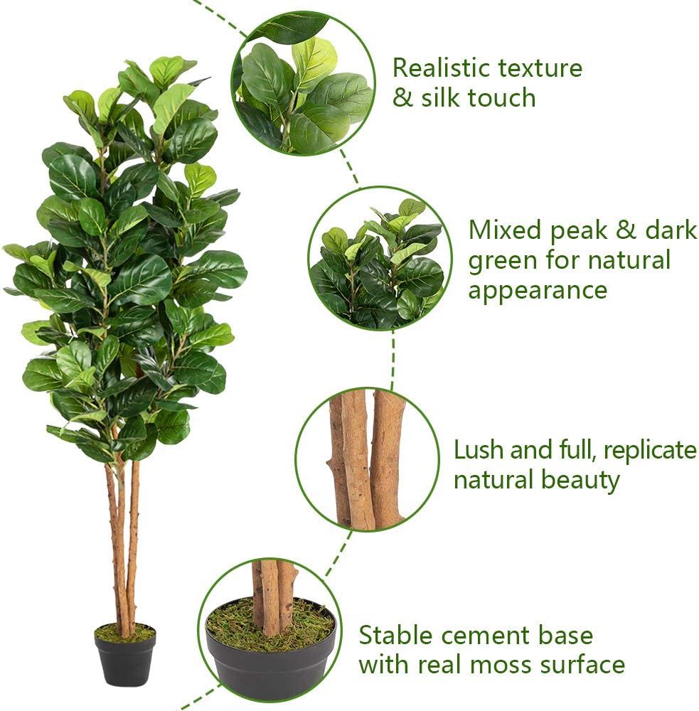 VINGLI 6Ft Fake Fiddle Leaf Fig Tree, Artificial Greenery Plants,72" Decorative UV Resistant Trees, for Home & Office Living Room, Indoor & Outdoor
