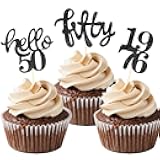 24 Pcs Black Glitter 50th Birthday Cupcake Toppers for 50th Birthday Celebrating Party Decorations