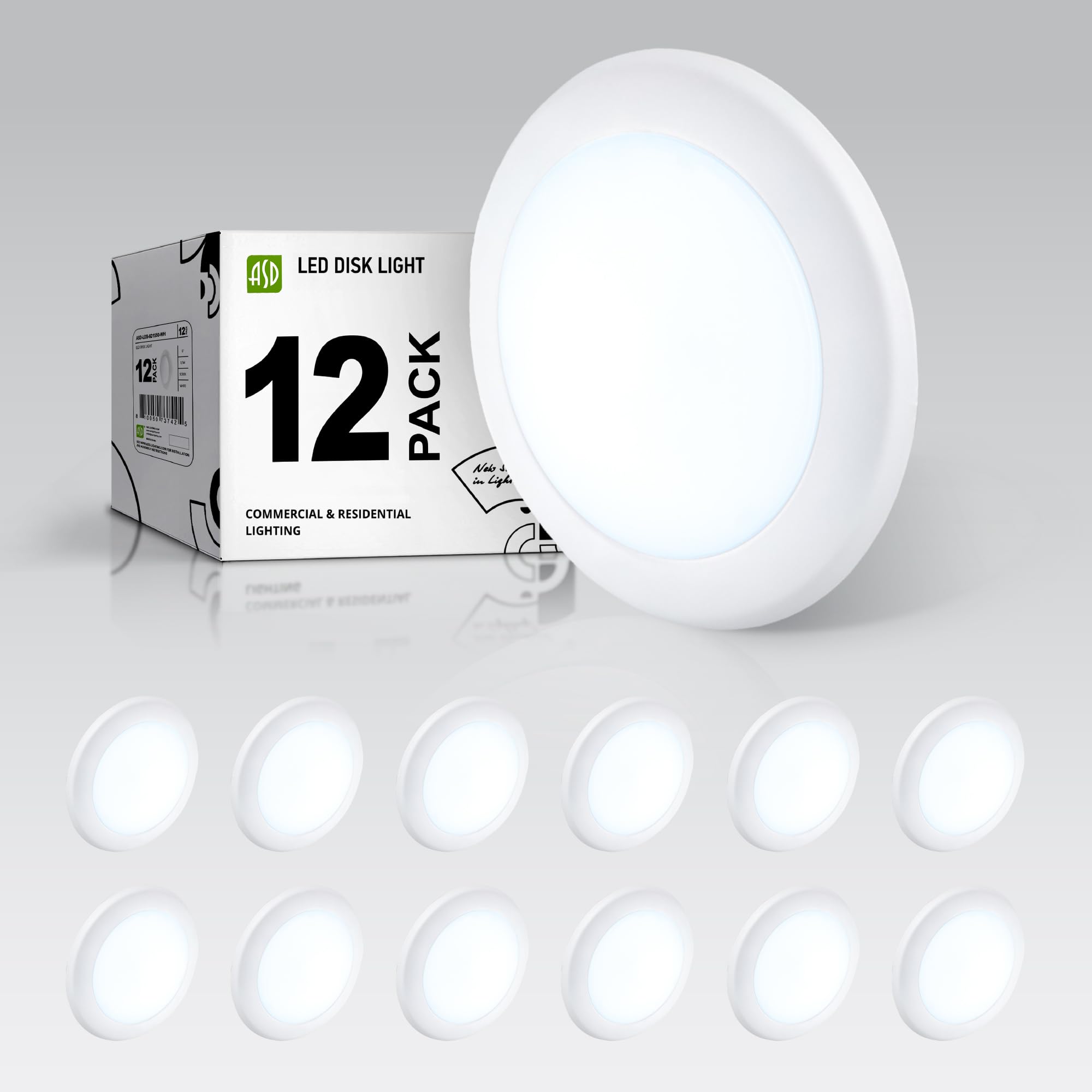 ASD 12 Pack LED Disk Lights 6 Inch, 15W 5000K Daylight 1300LM CRI90+, Dimmable Flush Mount Ceiling Light Fixture, Low Profile Surface Mount Disc, Junction Box or Recessed Can Install, ETL Energy Star