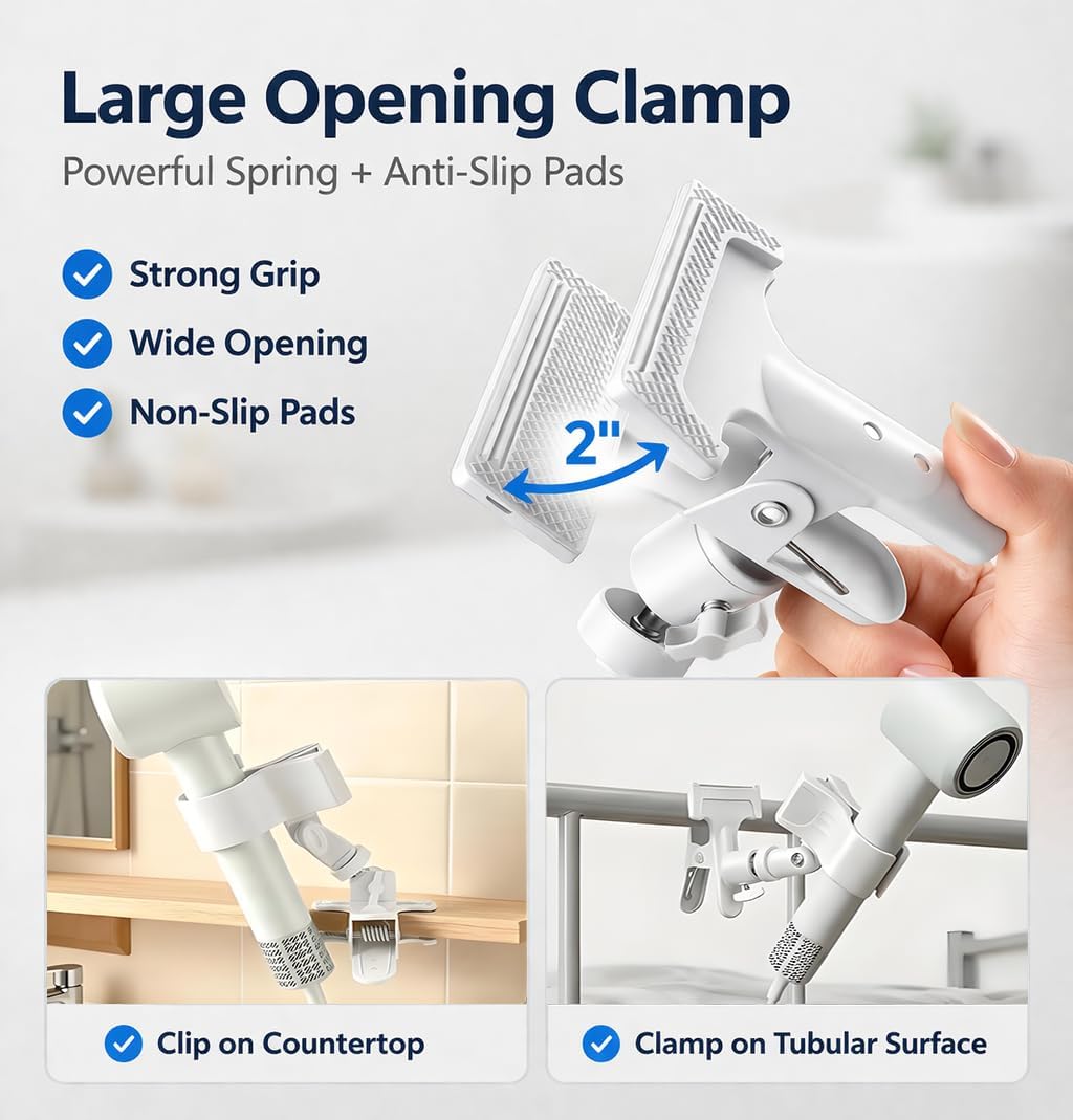 Hands Free Clamp Hair Dryer Holder with Strong Grip, 360° Flexible Gooseneck Blow Dryer Stand, Portable Clip-On Hair Dryer Holder for Styling & Pet Grooming, Table Counter Home Salon, White
