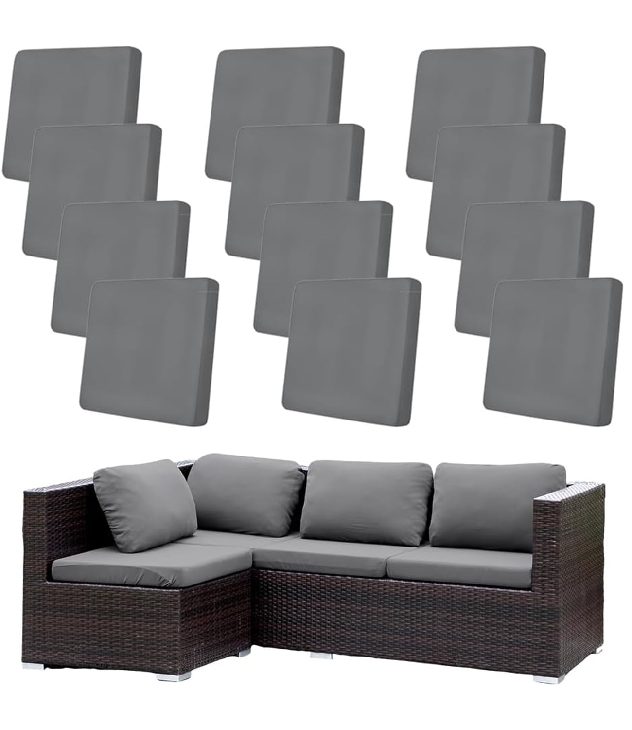 Hiseng Patio Cushion Covers Outdoor, 12 PCS Stretch Rattan Replacement Slipcovers for Garden Sofa & Couch, Grey Washable Individual Sofa Seat Cover with Elastic Band