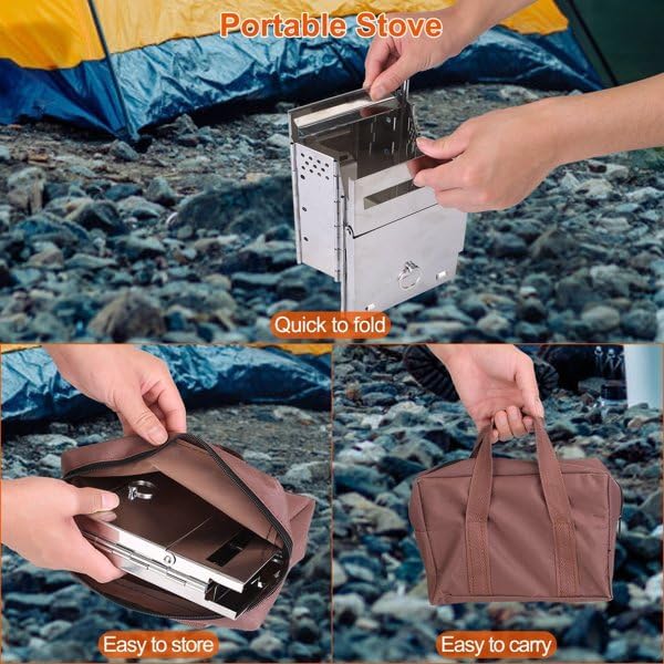 Foldable Camping Wood Burning Stove with Grill, Camp Stove Collapsible Backpacking Survival Stove Stainless Steel Campfire Stove for Outdoor Cooking Picnic Hiking BBQ (Sliver-Large)