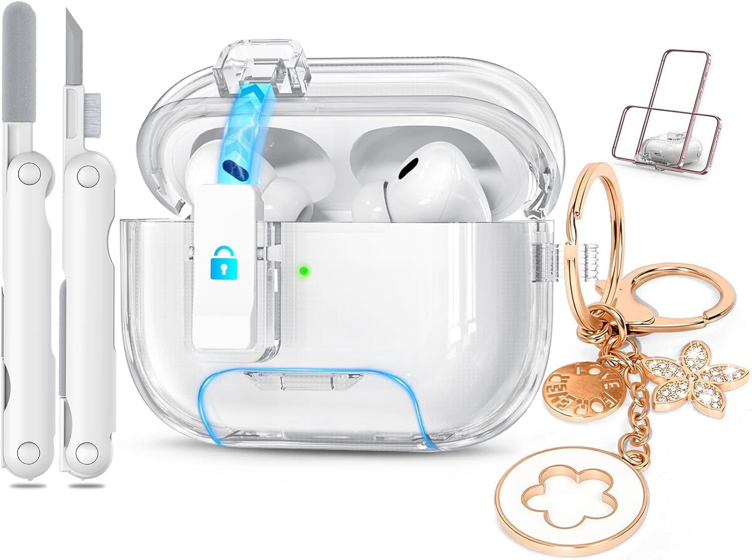 for Airpods Pro 2nd/1st Generation Cases Clear with Lock&Bling Keychain for Women&Girly,Cute Soft TPU Transparent Case Cove for Airpods Pro 2 Case