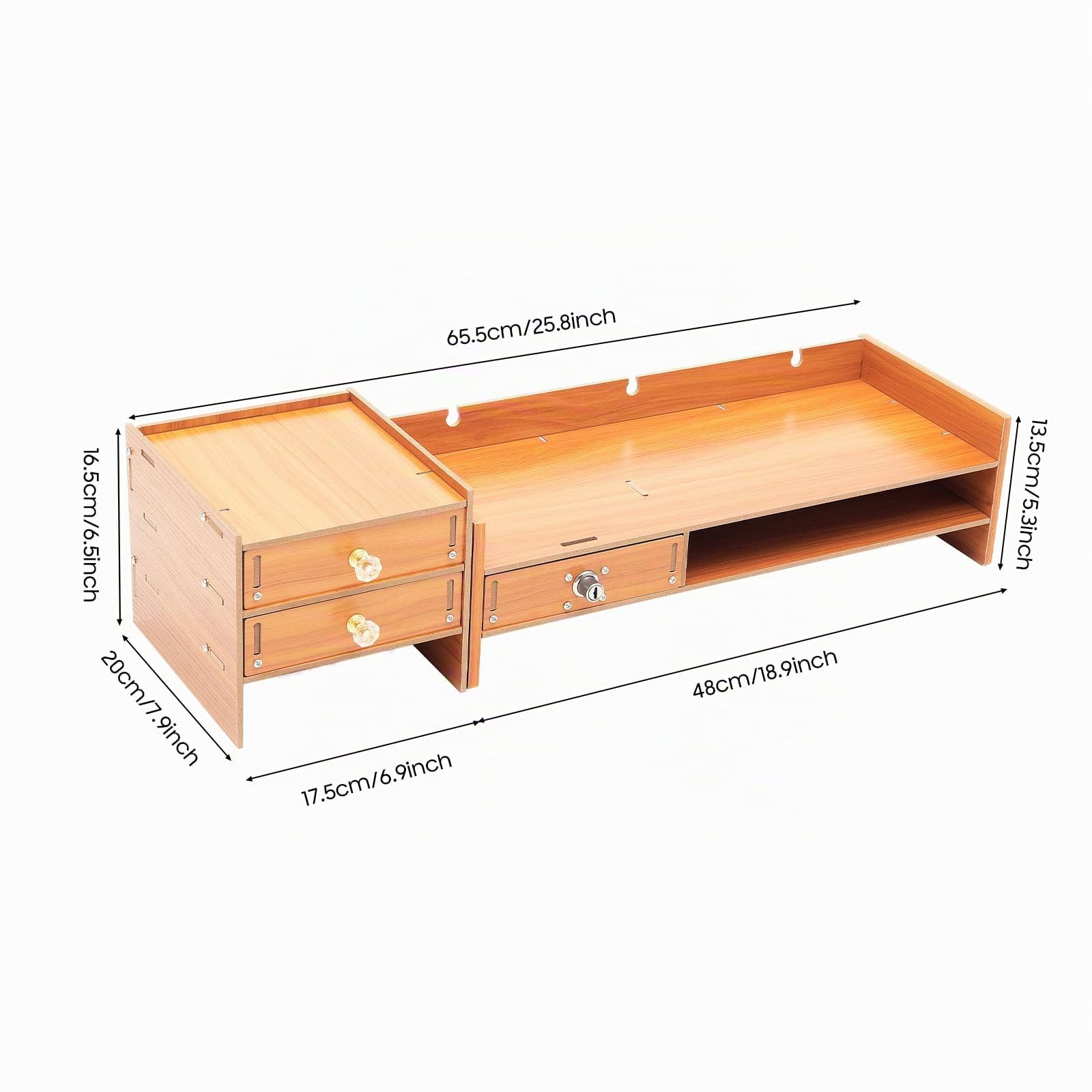 Supporto per monitor in legno, con 3 cassetti con serratura, altezza dello schermo, supporto da scrivania, angolo girevole di 180 gradi
