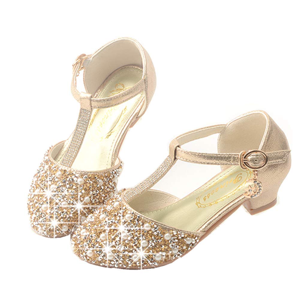 LFHT Little Girls T-Strap Rhinestone Low Medium Heel Dress Sandal Sparkle Party Wedding Princess Pumps Flower Girl Shoes