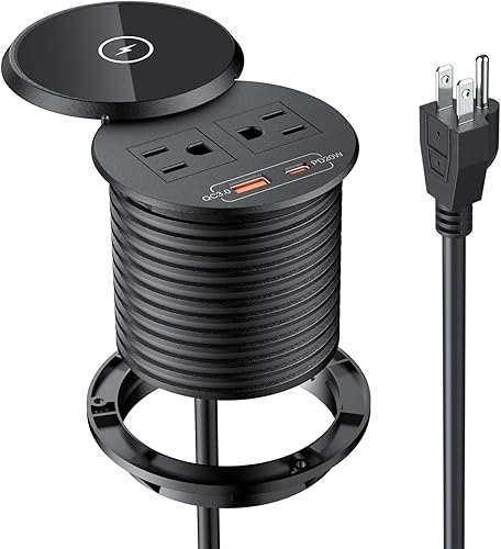 XBA PD - Ojal de alimentación de escritorio USB C de 20 W con cubierta de cargador inalámbrico de 10 W, regleta de alimentación empotrada de 3
