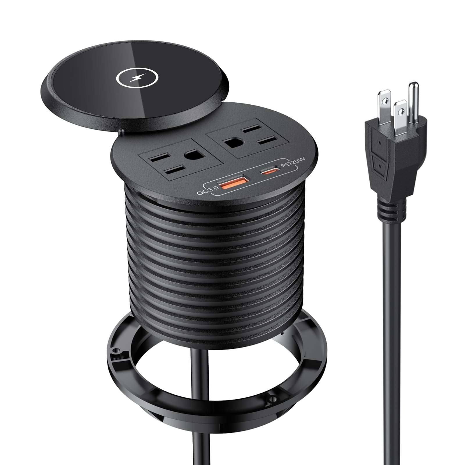 XBA PD 20W USB C Desk Power Grommet with 15W Wireless Charger Cover, Recessed Power Strip with 18W USB A and 2 AC Outlets,Hidden Power Outlets with 6FT Cords for Office, Home, Conference(Black)ClimatePartner certified