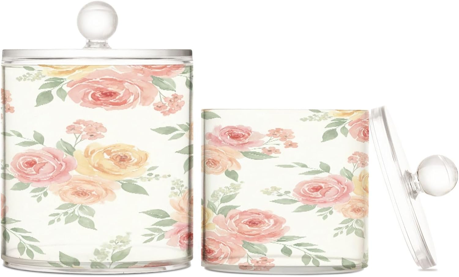 Bathroom Organizer Set of 2, Cotton Swab Caddy with Lid Dispenser, Colorful Watercolor Flowers