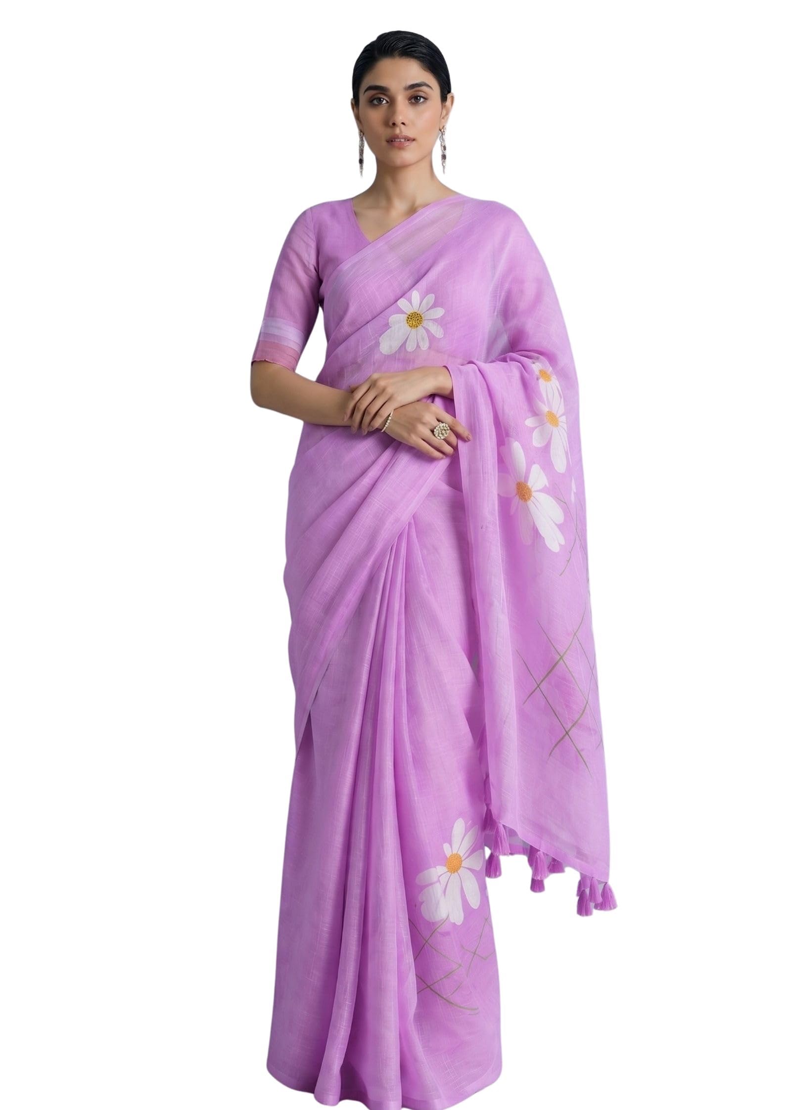 Saans Women’s Lilac Mul Cotton Saree with Floral Print | Soft Lightweight Summer Saree with Tassels |-image-26