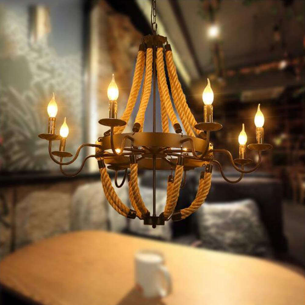 Lámpara De Araña Cuerda De Cáñamo Luz Colgante Rústico E14 Luz De Techo Cuerda Vintage Lámpara Colgante De Metal Industrial Comedor Cocina Sala De Estar Bar Cafe Lámparas Colgantes,6 heads