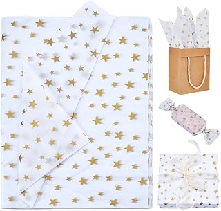 GORGECRAFT 100Pcs Gold Star Print Tissue Paper White with Golden Stars Metallic Wrapping Paper Gold Star Gift Bags Recyclable DIY Art Craft Paper for Birthday Wedding Gift Packing 19.7x13.8 Inch