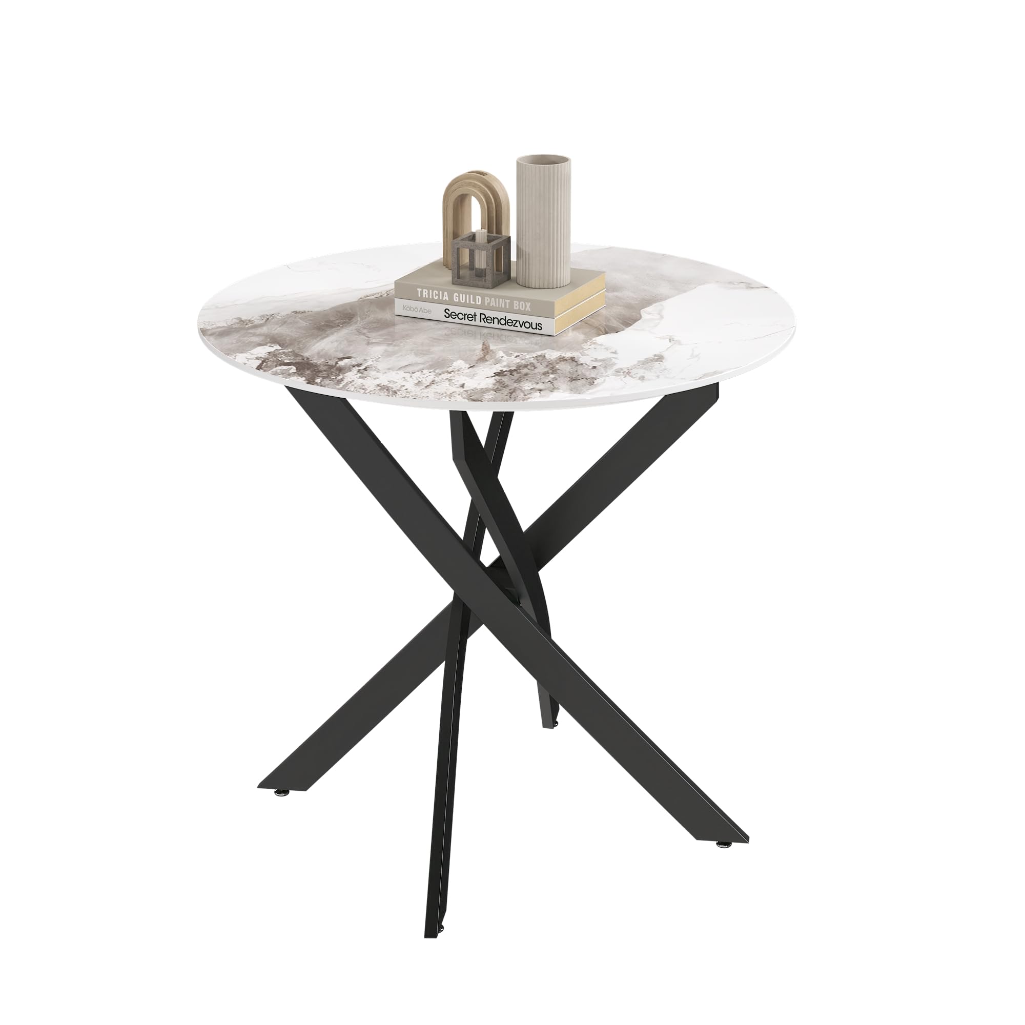 GOLDFAN Round Dining Table 80cm High Gloss White Marble Kitchen Table with Black Metal legs for Dining Room, Office, Apartment