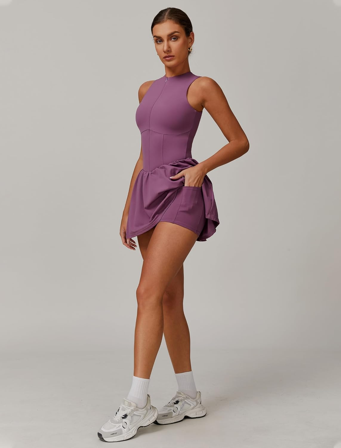 Womens Tennis Golf Dress with Built-in Bra Shorts Zipper Slim Fit A-line Hem Skirt Athletic Dresses with Pockets - Image 3