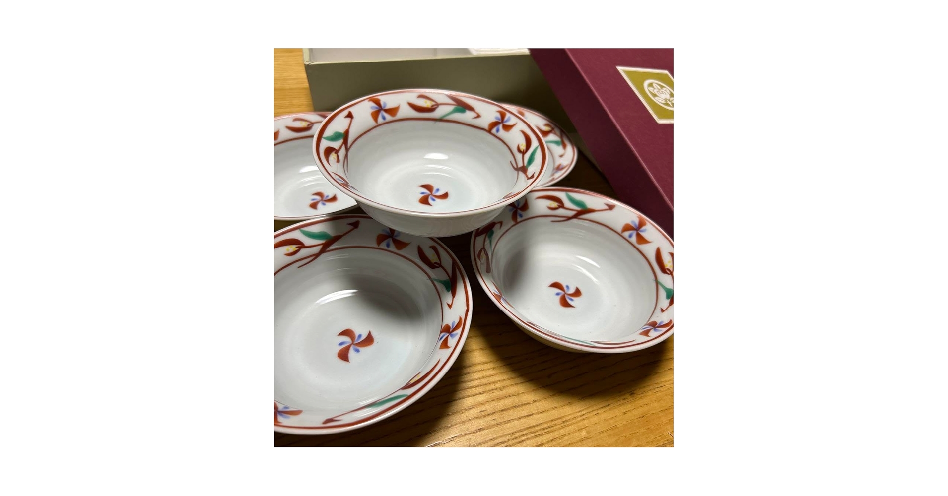 えびいち　庄三造　赤絵　花鶴人物文　菓子器　鉢　時代箱付　V　R6788F えびいち 庄三造 赤絵 花鶴人物文 菓子器 鉢 時代箱付 V R6788F