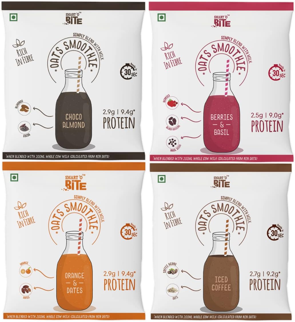 Oat Smoothie Assorted Pack | Healthy Shake Mix | 28 Sachets - 4 flavours x 7 each - Choco, Berries, Orange, Coffee | No Refined Sugar | Fibre Rich | Protein Source | Ready in 30 Seconds