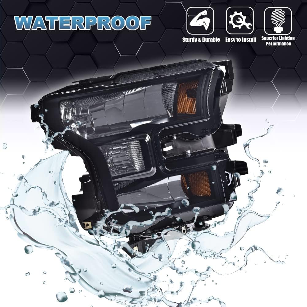 PIT66 Headlight Assembly Compatible with Ford F150 2015-2017 Replacement Head Lamps Left+Right Pair Headlamp Accessories Smoky Lens Black Housing Amber Reflector