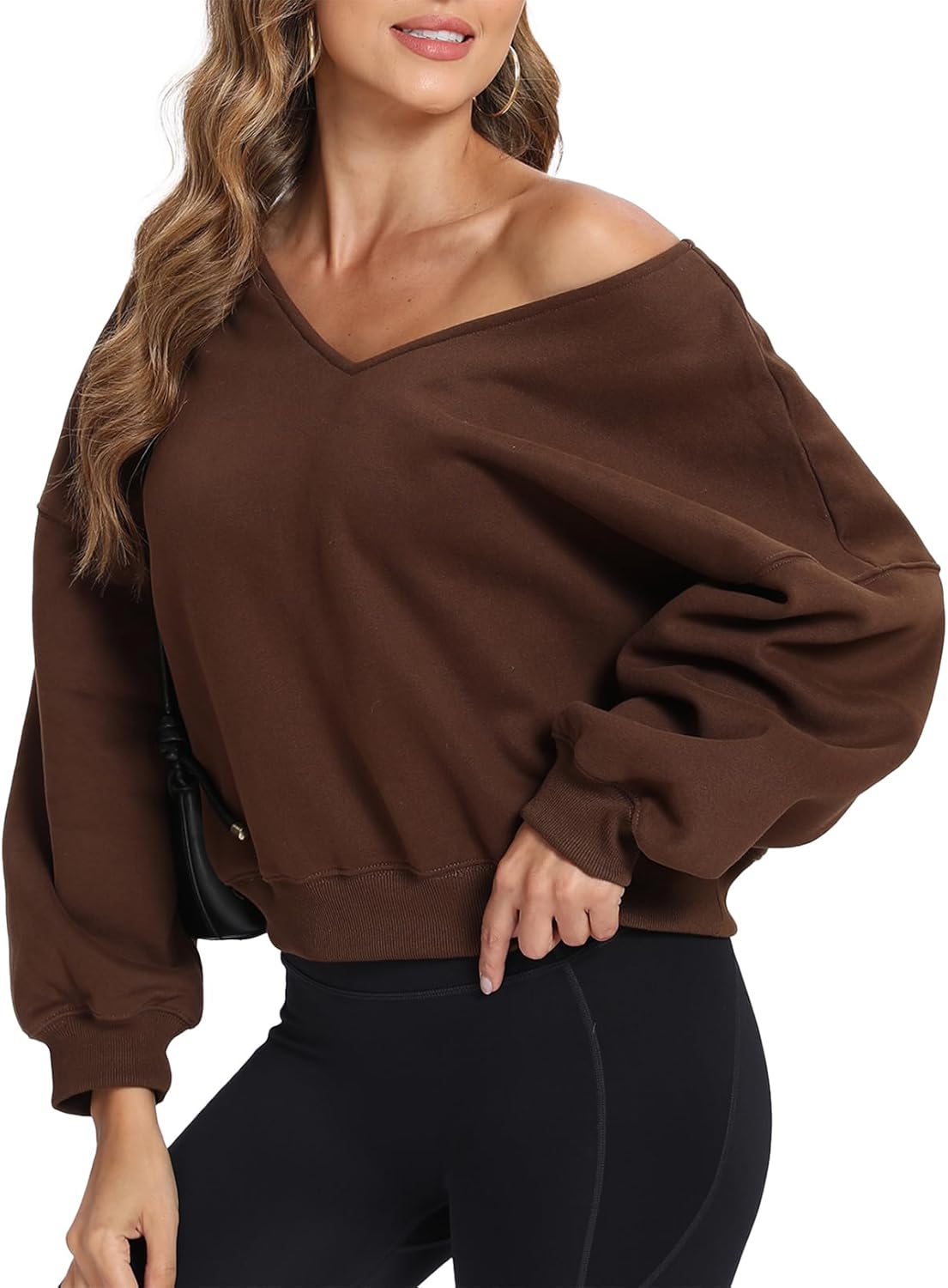 Ladyful Women's Off the Shoulder Sweatshirt Double V Neck Long Sleeve Oversized Pullover Tops Brown Large