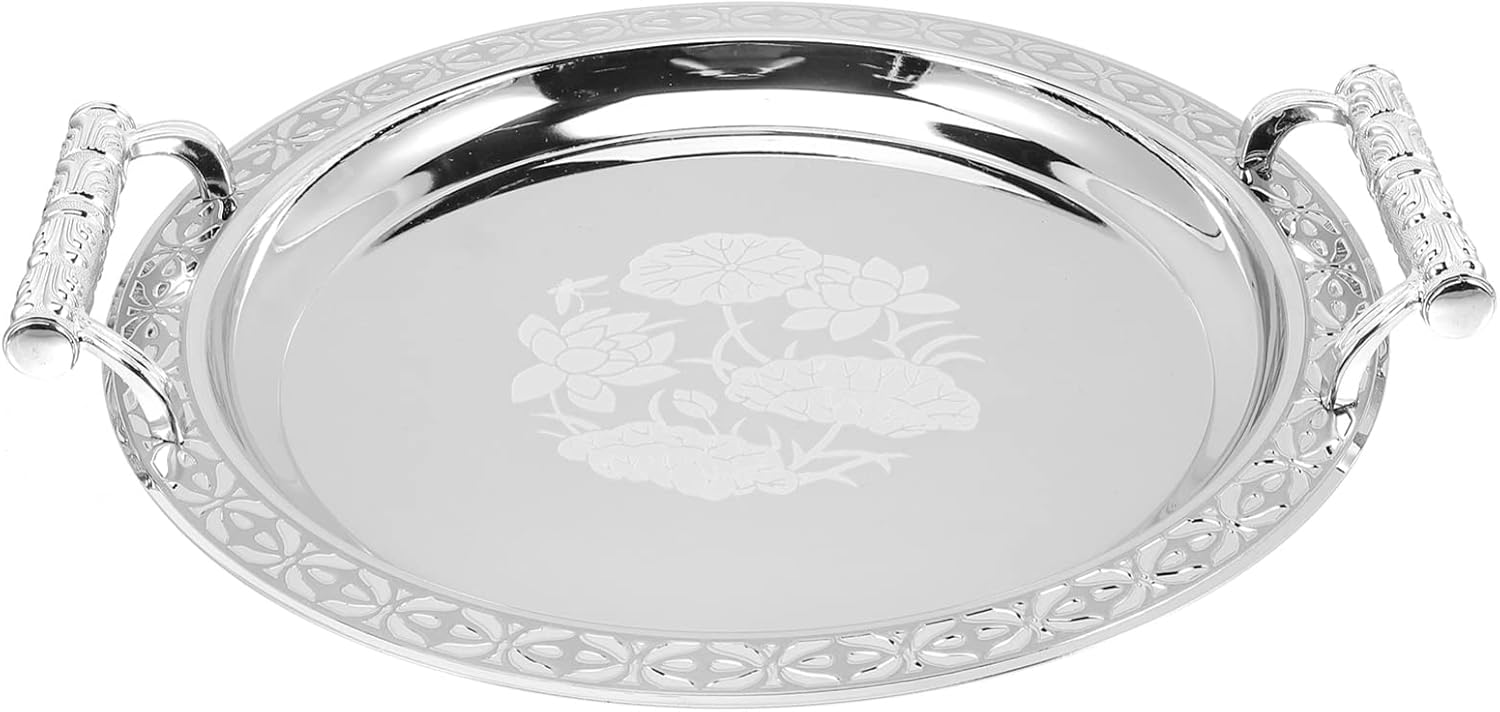 Cabilock Round Metal Tray Farmhouse Serving Tray Stainless Steel Fruit Breakfast Cupcake Plate