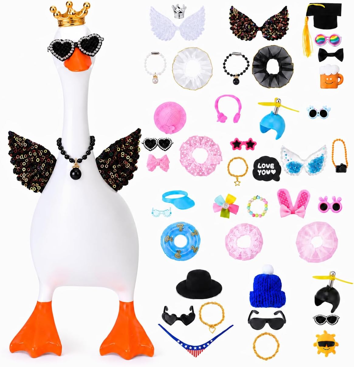 12 Sets 7 Inch Mini Goose Outfits, Decorative Accessories with Hats Glasses Necklaces, Dress Up Kits for Magnetic Goose Statue, Table Ornament & Office Decor Gift(Cute)